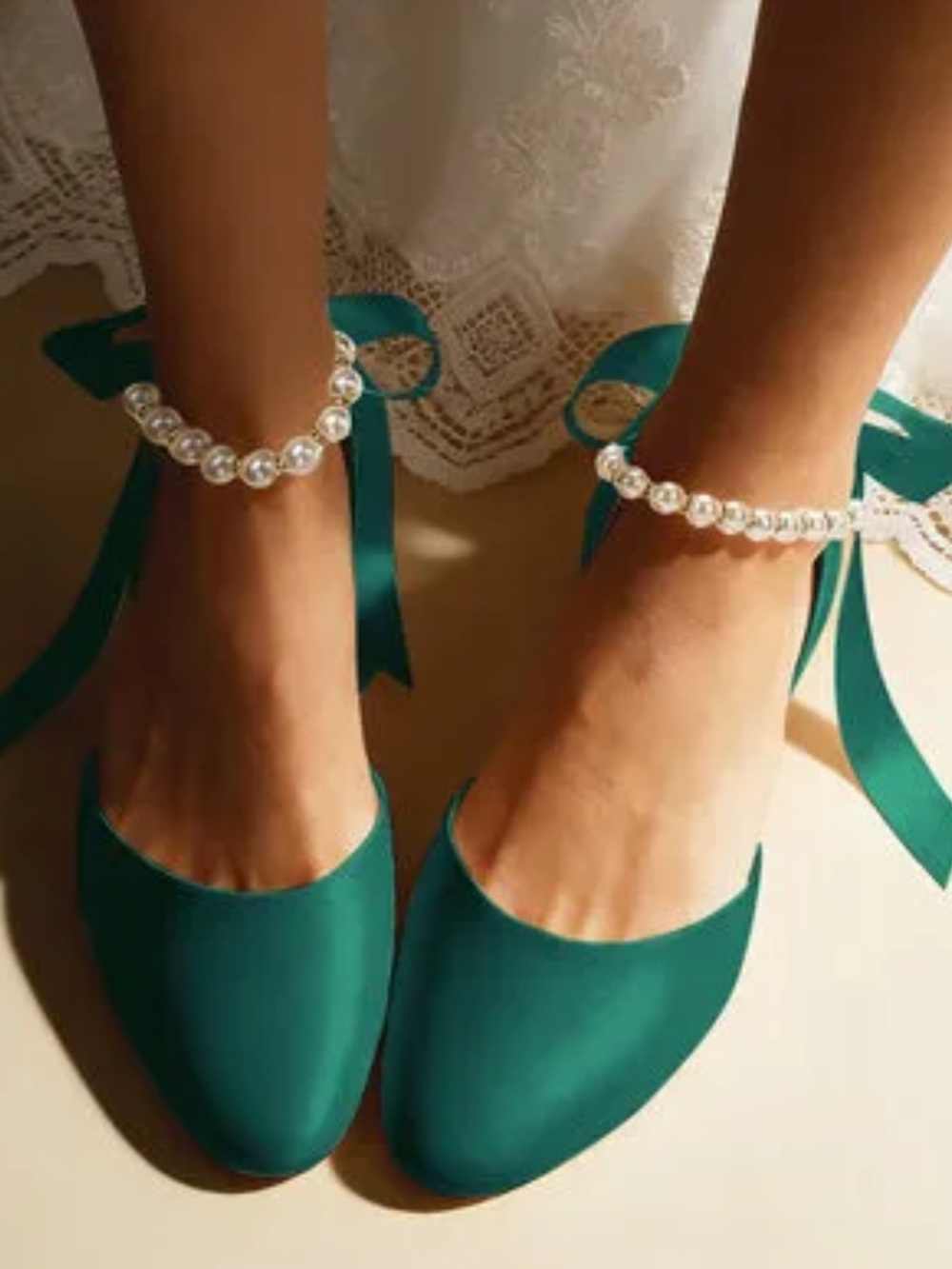 Satin Teal Ankle-Tie heels with Pearl Anklets